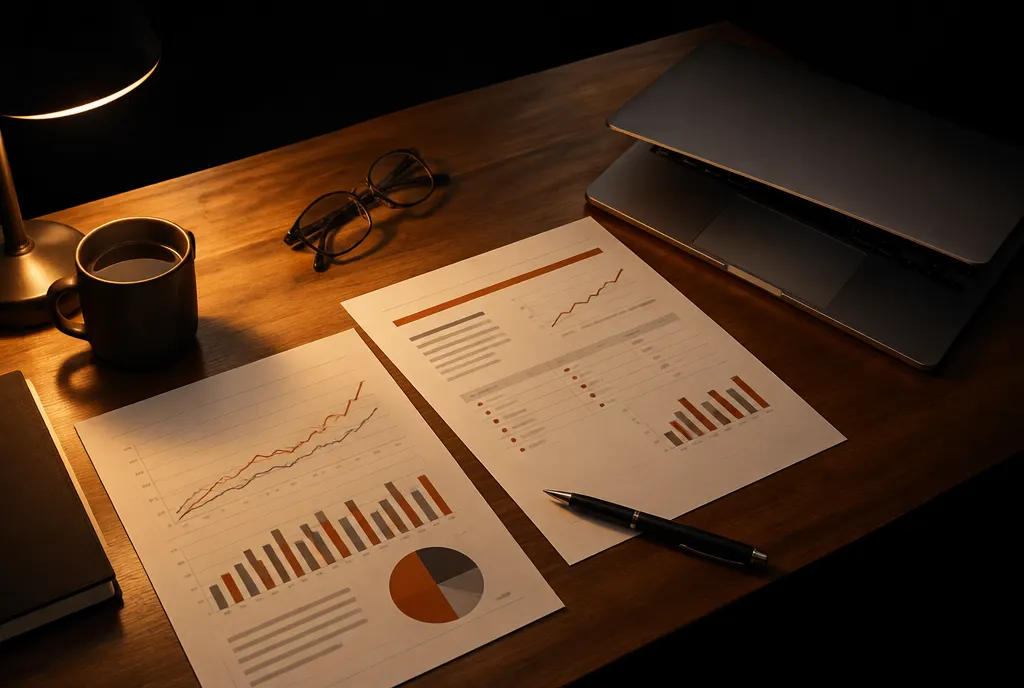 A working session table with financial charts